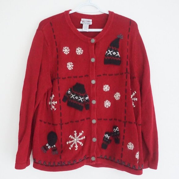 Northern Reflections Red Winter Christmas Embroidery Button Knit Cardigan XL - Picture 1 of 9